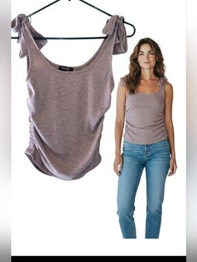 Willow Ribbed Tie Strap Tank Top Taupe Ruched Side Medium